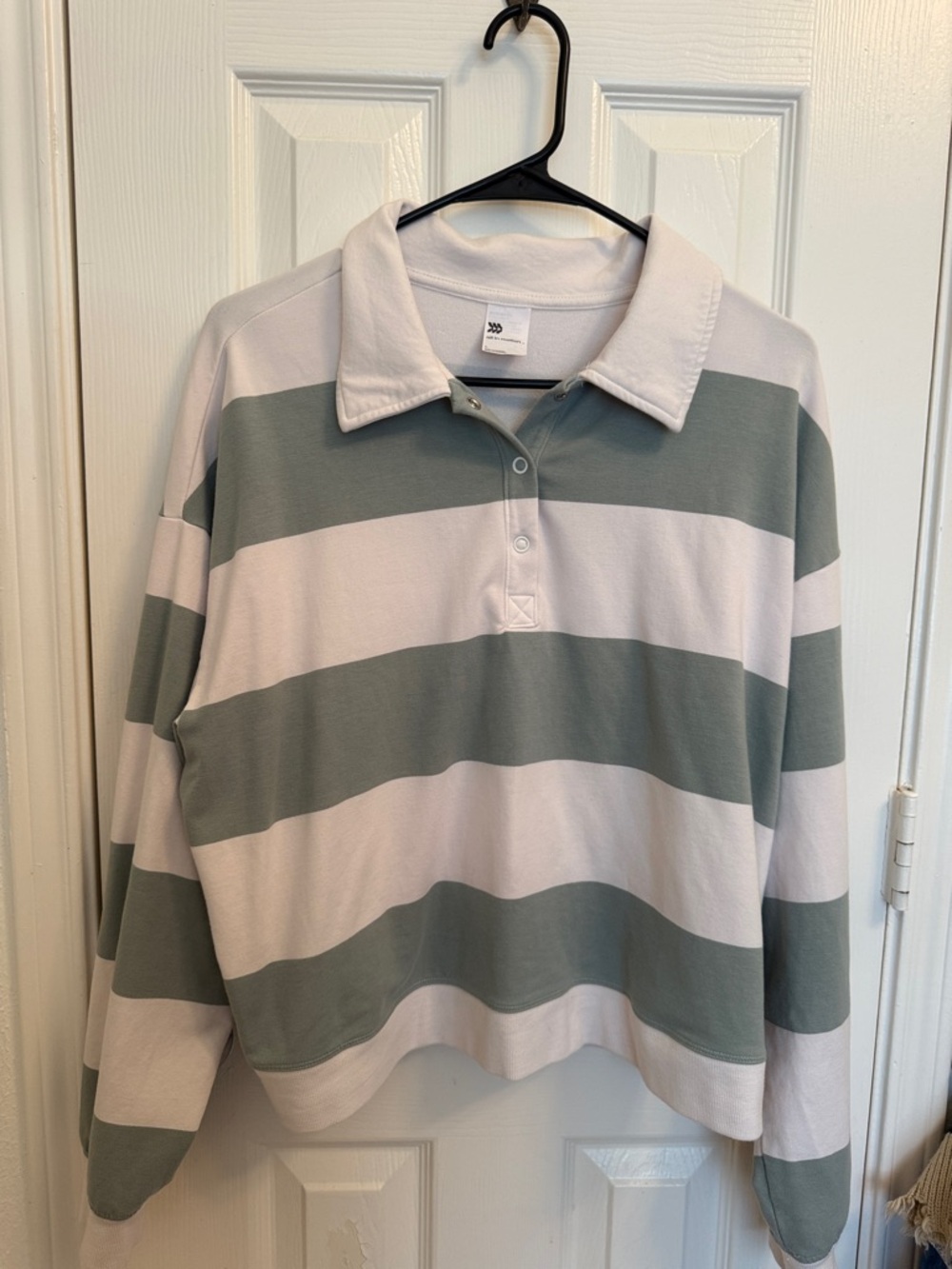all in motion Women's Striped Rugby Pullover in Sage Green and White